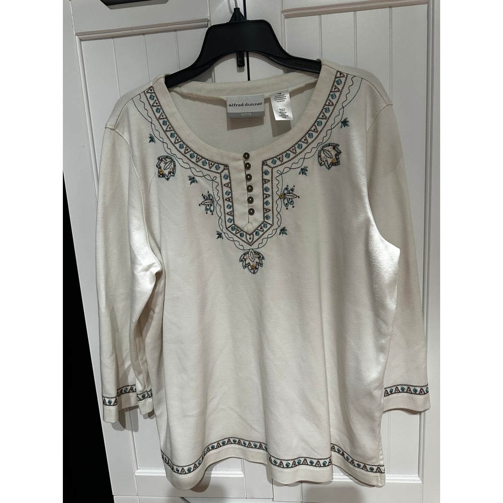 Alfred Dunner Petite Cream Embroidered Beaded Henley Top 3/4 Sleeve PM